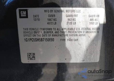 2011 Chevrolet Cruze Ls z USA, uszkodzony, nr VIN 1G1PC5SH5B7150680